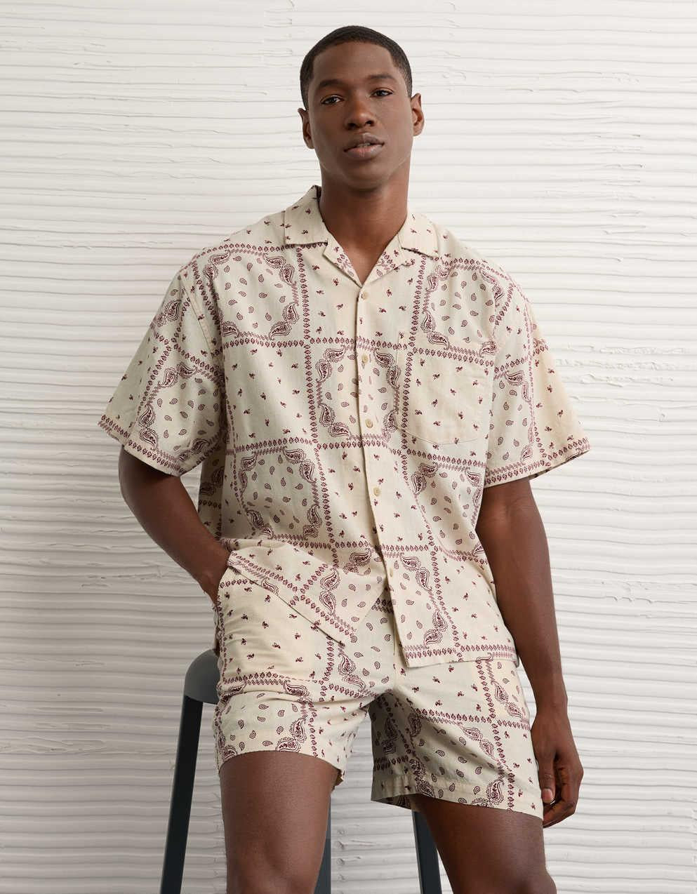AE Poolside Linen-Blend Printed Button-Up Shirt