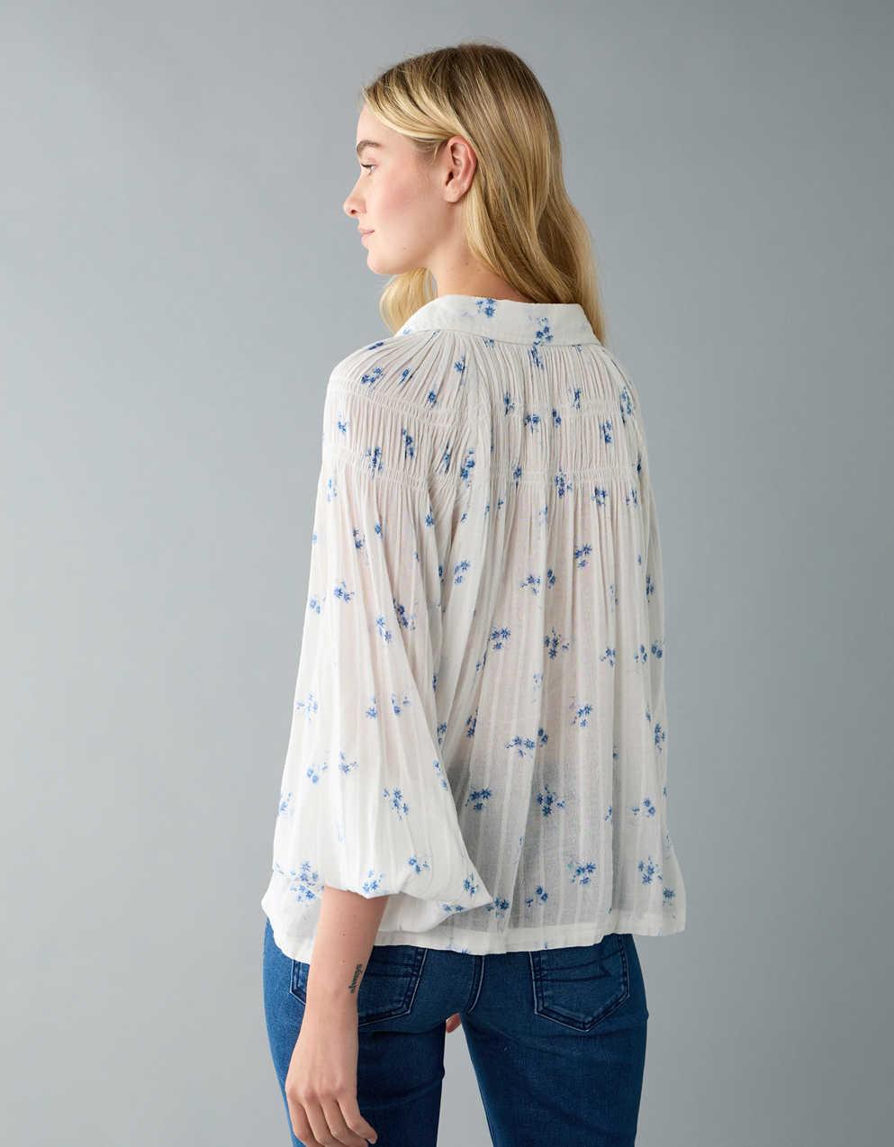 AE Long-Sleeve Smocked Peasant Blouse