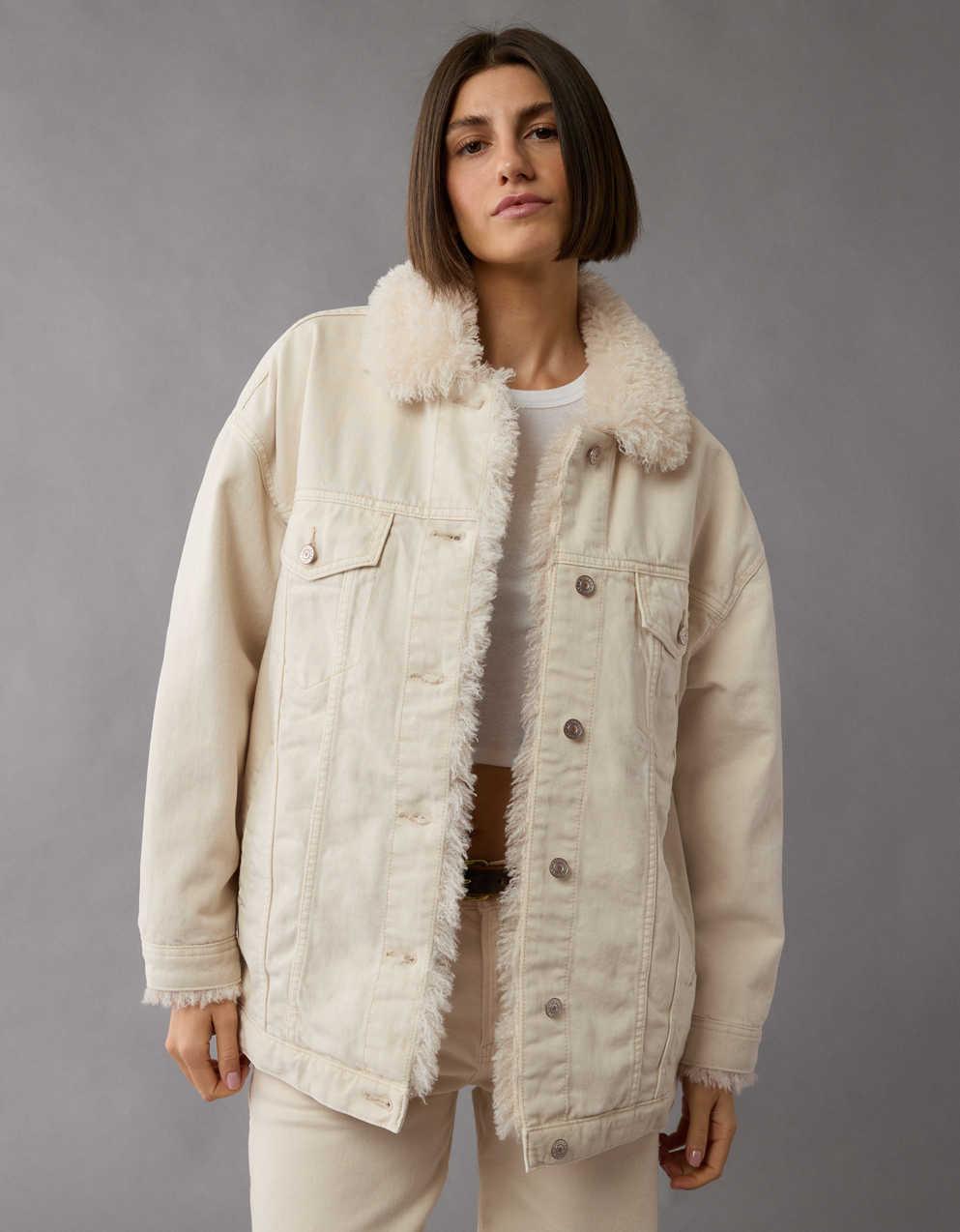 AE Ecru Denim Sherpa Trucker Jacket
