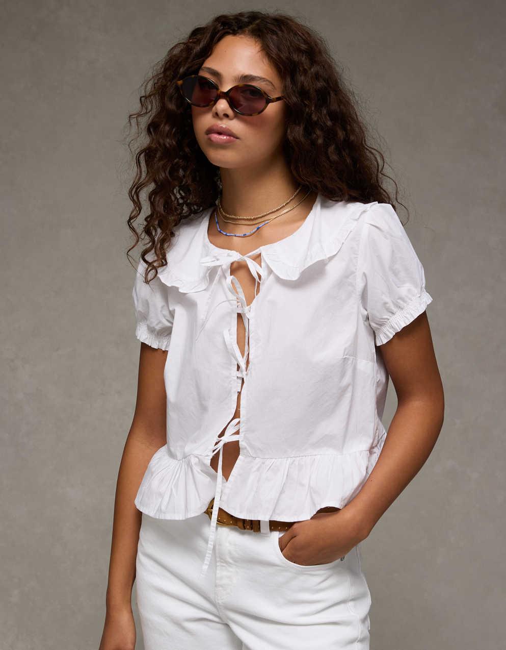 AE Collared Puff Sleeve Tie Front Blouse