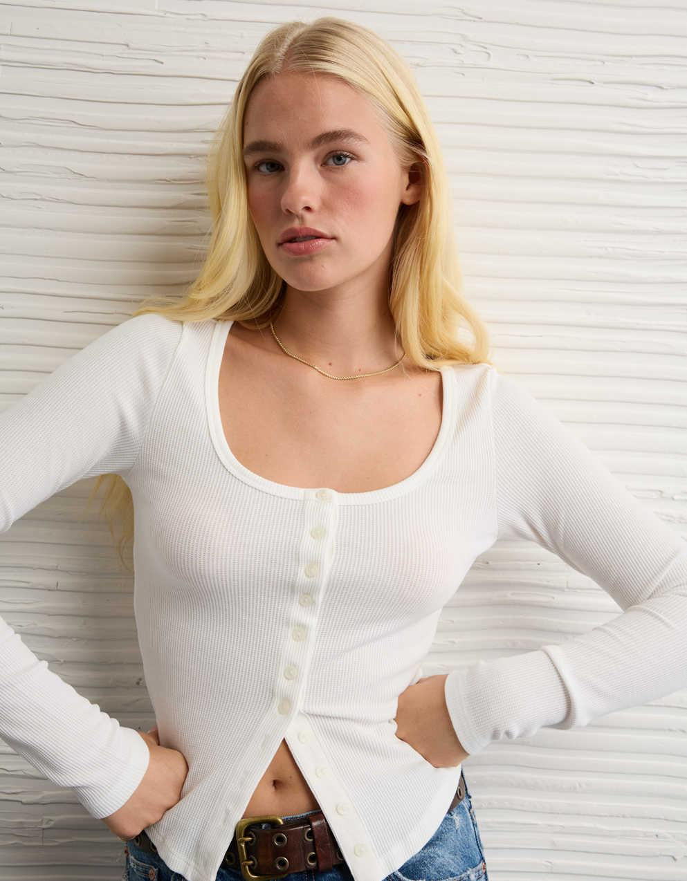 AE Waffle Long Sleeve Button-Up Tee